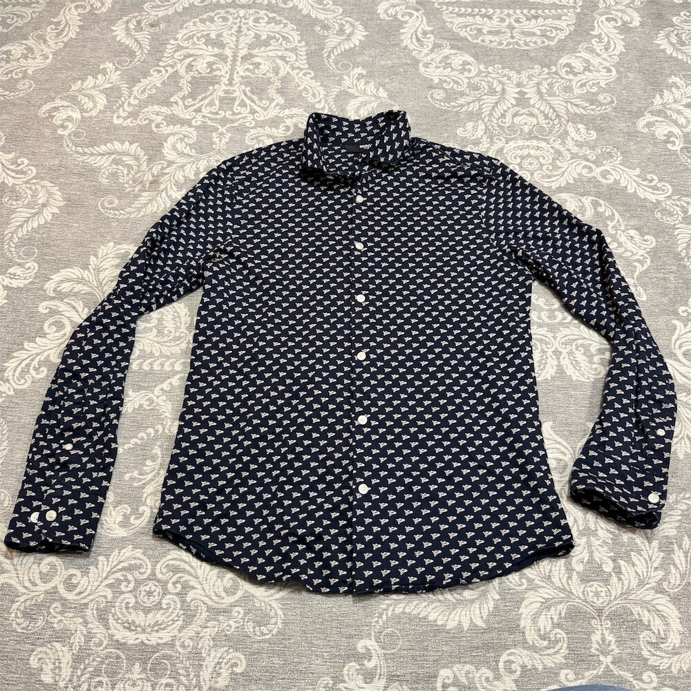 Murano Liquid Luxury Shirt Men's L Navy Blue Space Shuttle Print Button-Up